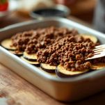 Strato di carne macinata sopra le melanzane in teglia.