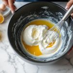 Ciotola con uova, yogurt e olio mescolati con frusta.