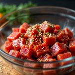 Ciotola con cubetti di tonno marinati in salsa di soia e sesamo.