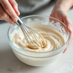 Latte vegetale versato in ciotola con farina e frusta.