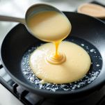 Pancake in cottura su crepiera con bollicine in superficie.