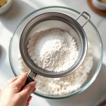 Ciotola con farina, zucchero e lievito setacciati.