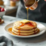 Pancake serviti con sciroppo d’acero e frutti di bosco