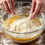 Farine e lievito mescolati in ciotola.