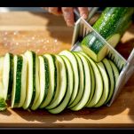 Zucchine tagliate a fettine sottili con mandolina.