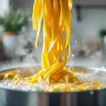 Pasta che cuoce in pentola con acqua dei broccoli.