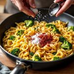 Pasta ai broccoli condita con pepe e peperoncino.