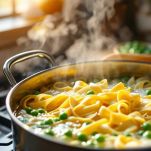 Tagliatelle e piselli che cuociono insieme in pentola.