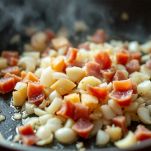 Cipolla, aglio e prosciutto che soffriggono in padella.