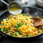 Tagliatelle e piselli aggiunti in padella con prosciutto e brodo.