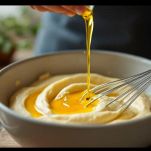 Olio d’oliva versato a filo in impasto dolce.