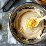 Scorza di limone aggiunta a impasto in ciotola.