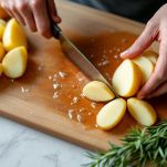 Patate tagliate a spicchi su tagliere.