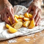 Patate asciugate con canovaccio su piano da cucina.