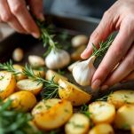 Patate condite con rosmarino, aglio e pangrattato.