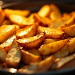 Patate al forno dorate e croccanti su teglia.