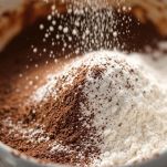 Farina, fecola, cacao e lievito vengono setacciati insieme e aggiunti al composto, mescolando