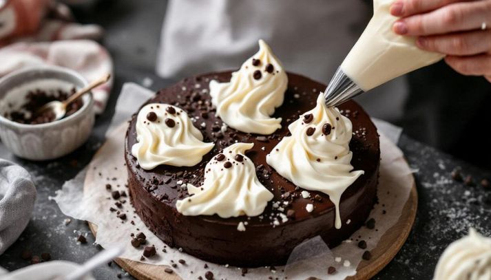 Decorazione della torta con fantasmini di panna e mascarpone