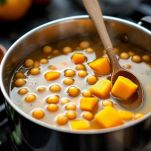 Brodo e spezie nella zucca e ceci in pentola