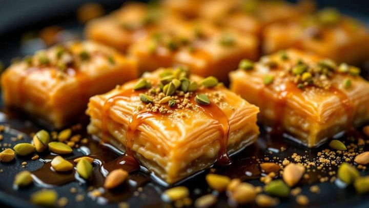 Baklava ai pistacchi tagliata a quadrotti.