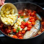 Pomodori pelati e teste di pesce in cottura