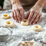 Mani che formano ciambelline passandole nello zucchero.