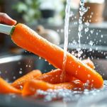 Carote lavate e pelate su tagliere.