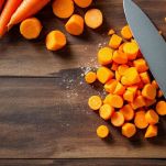 Carote lavate e pelate su tagliere.