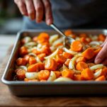 Verdure mescolate in teglia con cucchiaio di legno.