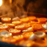 Carote e cipolla che cuociono in forno.