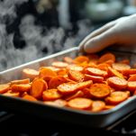 Carote al forno servite in piatto rustico.