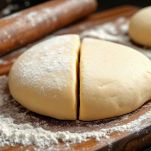 Impasto steso con mattarello su spianatoia.