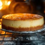 Teglia con castagnaccio che cuoce in forno.