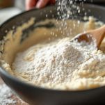 Mani che mescolano impasto in ciotola.