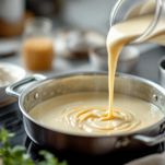 Salsa besciamella con formaggio fuso in pentolino.