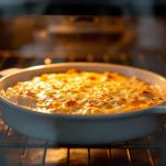 Teglia di cavolfiore gratinato dorato con aneto in superficie.