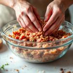 Mani che impastano carne tritata con spezie.