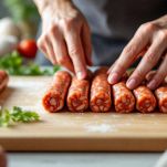 Cevapcici crudi modellati in forma cilindrica.