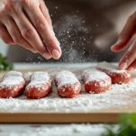 Cevapcici crudi infarinati su vassoio.