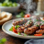 Cevapcici cotti serviti con insalata e pita.