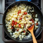 Cipolla e spezie soffritte in padella con olio.