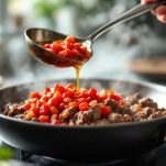 Pomodori e brodo aggiunti alla carne.
