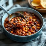 Chili con carne servito in ciotola con tortillas.