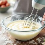 Uova montate con zucchero in ciotola.