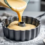 Impasto chiaro versato in stampo per ciambella.