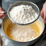 Farina e lievito setacciati aggiunti all’impasto.