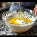 Tuorli montati con zucchero in ciotola.