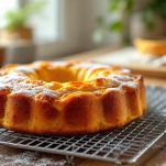 Ciambellone al limone servito su piatto da portata.