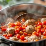 Polpette che cuociono in brodo con pomodori.
