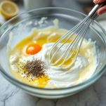 Crema di yogurt e uova preparata in ciotola.